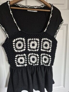 2 For 20!! Black & White Crochet Square Peplum Women's Top